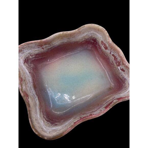 Earthenware Pottery Soap Dish Square USA Made Vintage Pink Green Tan Vintage 5" - Picture 5 of 11